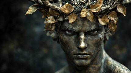 Captivating Sculpture of an Expressive Male Figure with Nature-Inspired Elements and Leaves