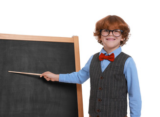 Little boy with pointer near chalkboard pretending to be teacher on white background. Dreaming...
