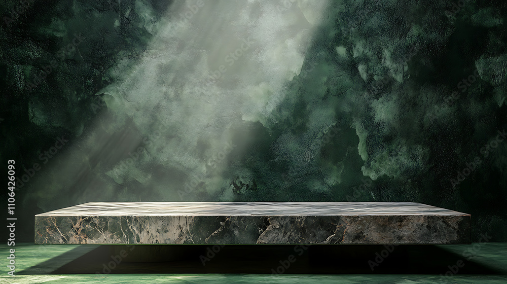 Fototapete empty marble table at foreground and cement stone at background with green light from above for prod