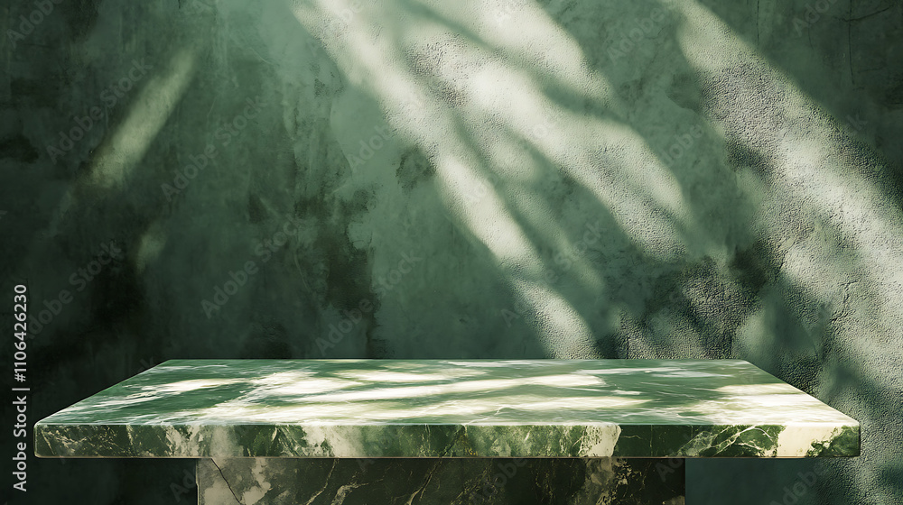 Aufkleber empty marble table at foreground and cement stone at background with green light from above for prod