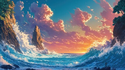 Fototapeta premium Majestic waves crash against a rugged coastline as twilight sets in, painting the sky with vibrant hues of orange and purple. A solitary figure stands at the shore, captivated by nature's spectacle