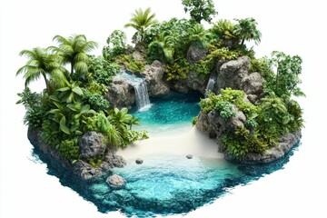 Tropical island cove, waterfalls, lush vegetation.