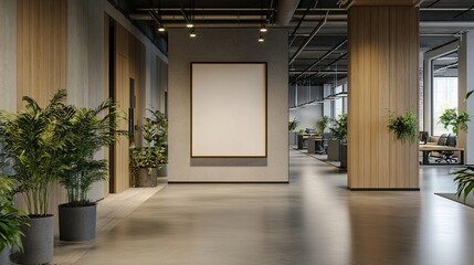 Modern office hallway with large blank poster, plants, and wooden columns.