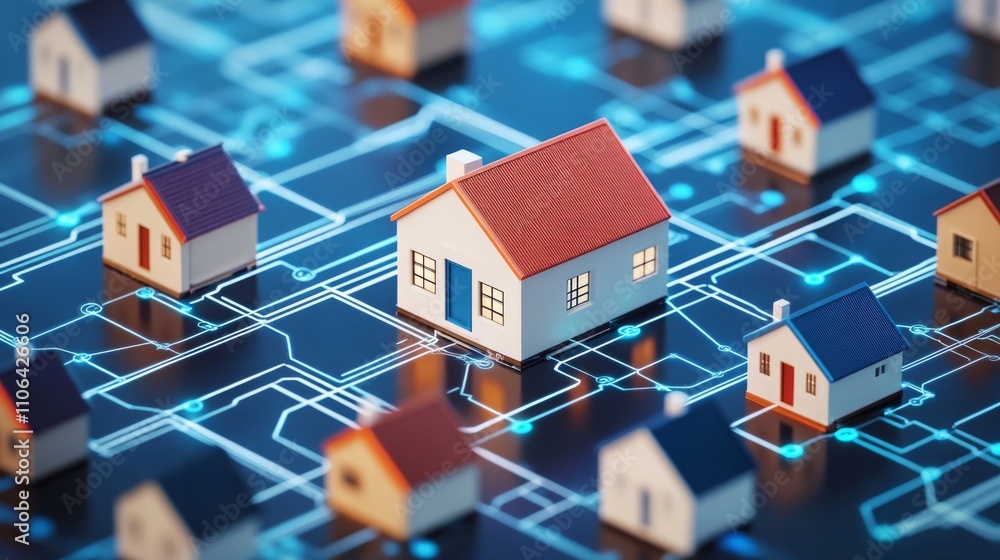 Leinwandbilder Miniature houses arranged on a digital network represent the integration of artificial intelligence in real estate. This innovative approach enhances property management and improves market analysis.