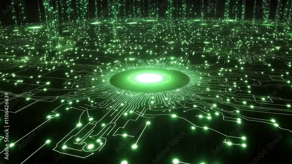 Poster abstract visual of a luminous green circuit pattern with intricate details and glowing elements