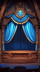 A wooden stage with blue velvet curtains and gold accents.