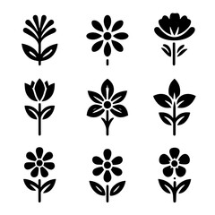 Obraz premium Set of floral silhouettes. Collection of Nine Simple Black Flower Icons
