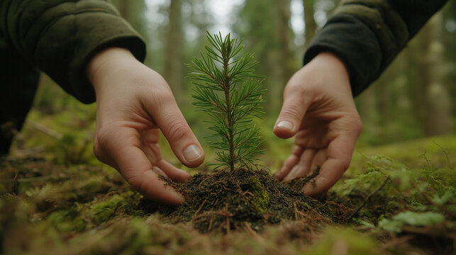 Ein Baumsetzling wird im Wald gepflanzt

