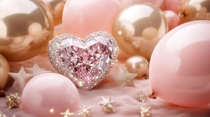 Soft pink with a heart-shaped diamond, small star clusters, and warm champagne-colored balloons.