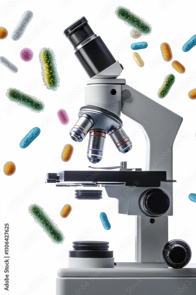 Poster microscope with colorful microbes floating around.