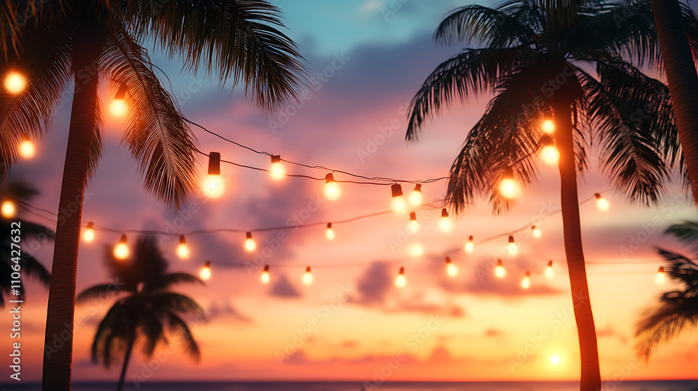 Poster tropical summer party background with hanging string lights and palm trees sunset sky background for