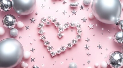 Soft rose pink background with diamonds forming a heart pattern, surrounded by star clusters and silver balloons.