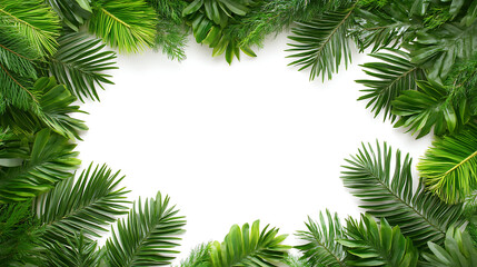 Tropical palm frond frame Lush greenery border isolated on a white background for design projects