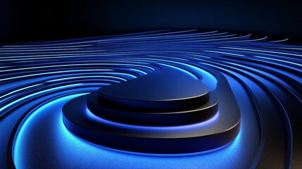 Obraz premium Abstract blue neon light on a 3D circular platform.