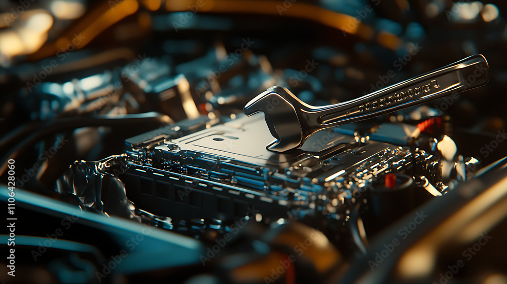 Poster the focused service of fitting a car battery with a wrench is captured, highlighting the precision i