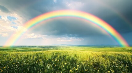 Naklejka premium A stunning, multicolored rainbow arcs gracefully over a vibrant green field that lies beneath a cloudy sky