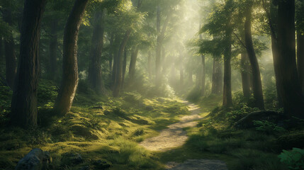 Fototapeta premium Lichtdurchfluteter Waldweg zwischen hohen, grünen Bäumen