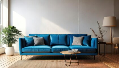 Modern Living Room Design Featuring Blue Sofa 3D Render