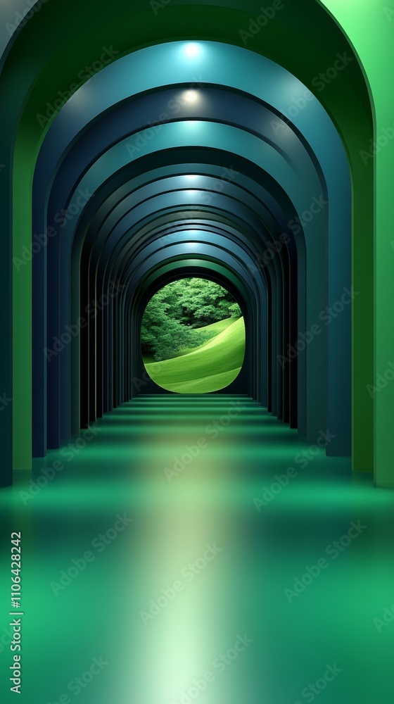 Poster an abstract hallway of blue and green arches leading to a circular window with a view of a green fie