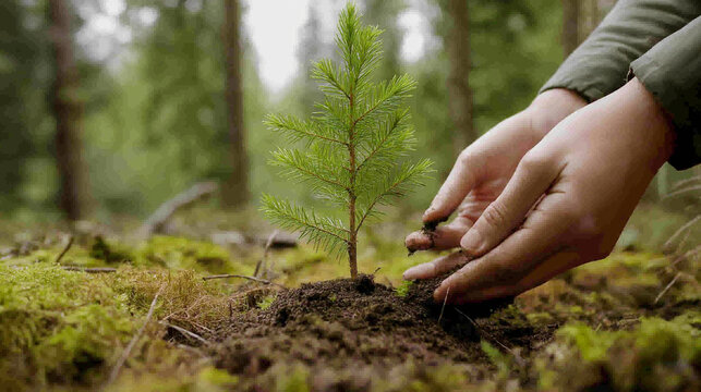 Ein Baumsetzling wird im Wald gepflanzt

