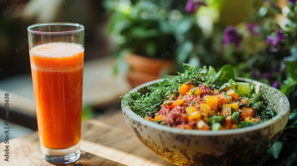 Aufkleber a refreshing glass of orange juice sits next to a bowl filled with a colorful salad made of chopped 