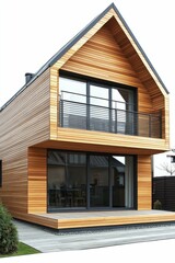 Modern wood house, balcony, large windows, deck.