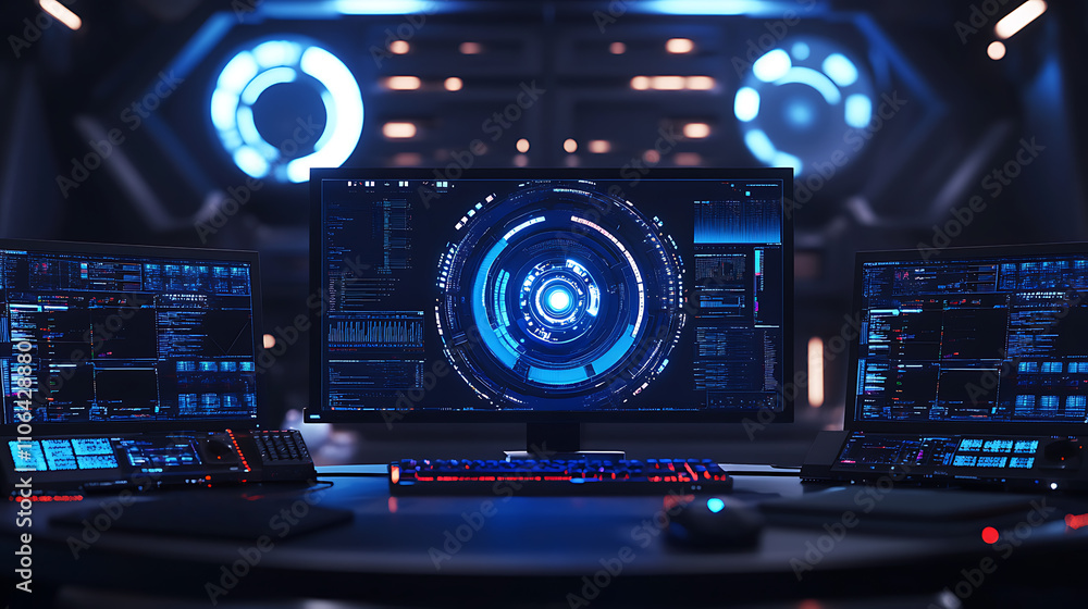 Aufkleber Circular tech concept background with computer screens in the background