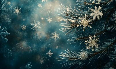 Fototapeta premium Pine branches intertwined with intricate, large snowflakes falling gently