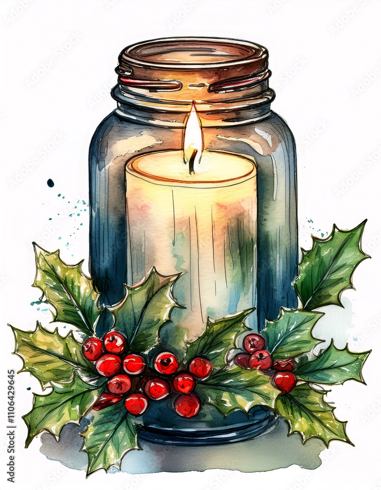 Wall mural A lit candle in a glass jar with a wax layer, surrounded by holly leaves and berries