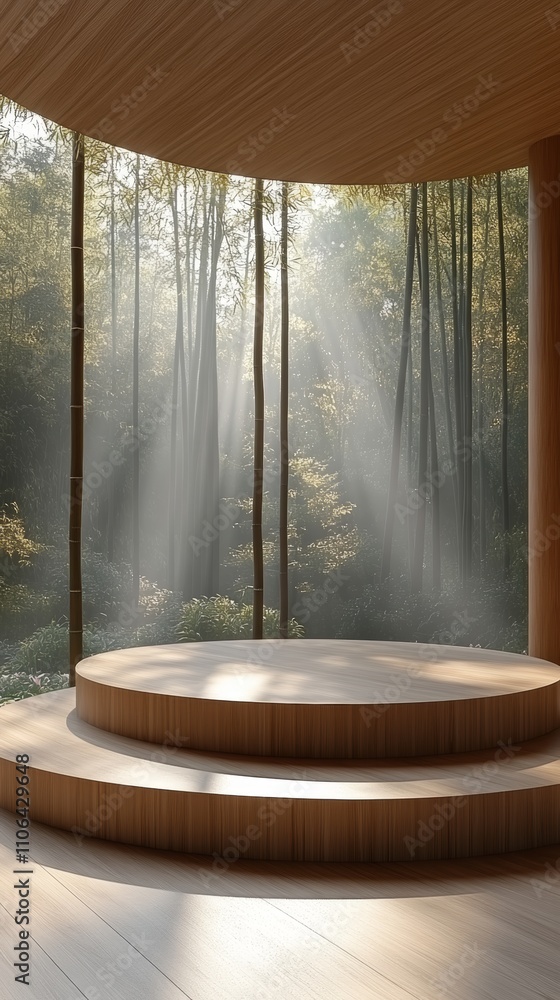 Poster circular wooden platform with two steps in a room with large windows overlooking a bamboo forest wit