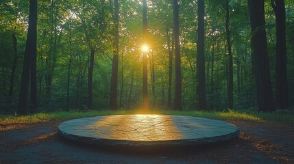 Circular stone platform in a forest with the sun shining through the trees.