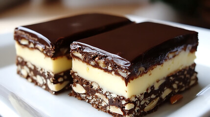 Nanaimo bars are a Canadian dessert with wafer crumbs, a layer of almonds, walnuts and cocoa, vanilla custard filling and chocolate topping