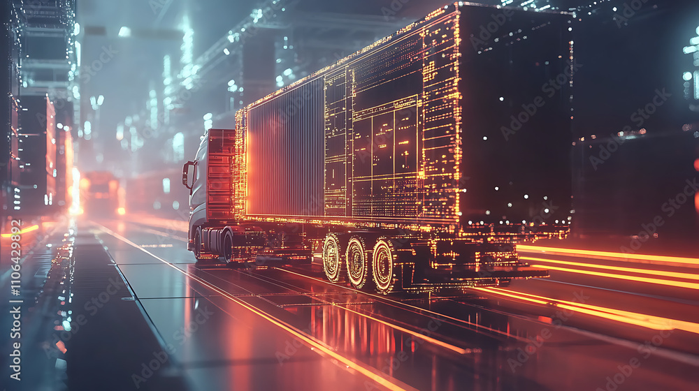 Fototapete logistics digital twins concept visualized with a container truck and technological elements