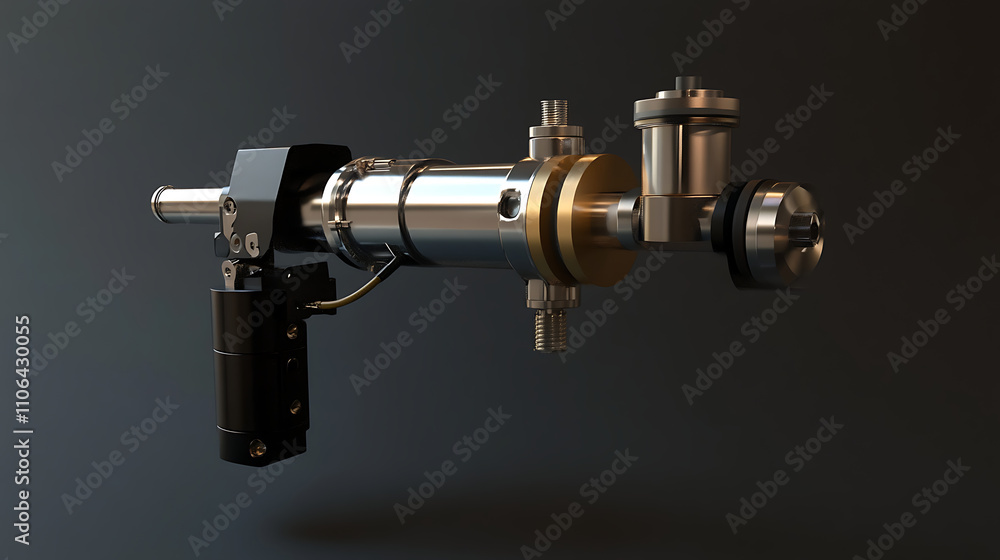 Poster industrial machine features a robotic pneumatic piston sucker, powered by compressed air for factory