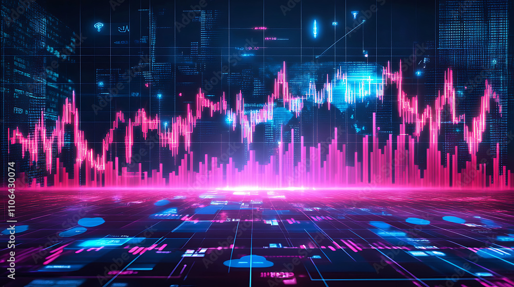 Leinwandbilder Innovative financial technology background with futuristic digital graphs and data analytics visualization Highlighting market trends