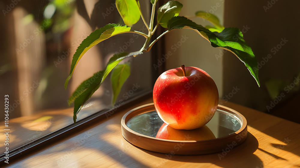 Poster In the mirror's reflection, an apple appears, capturing a simple yet profound moment of perception and observation