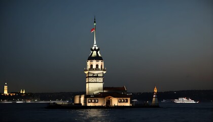Fototapeta premium Night view of Kiz Kulesi Tower in Istanbul with Glowing Lights