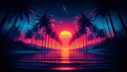 Naklejka premium Vibrant Sunset Over Palm-Lined Pathway Leading to the Ocean