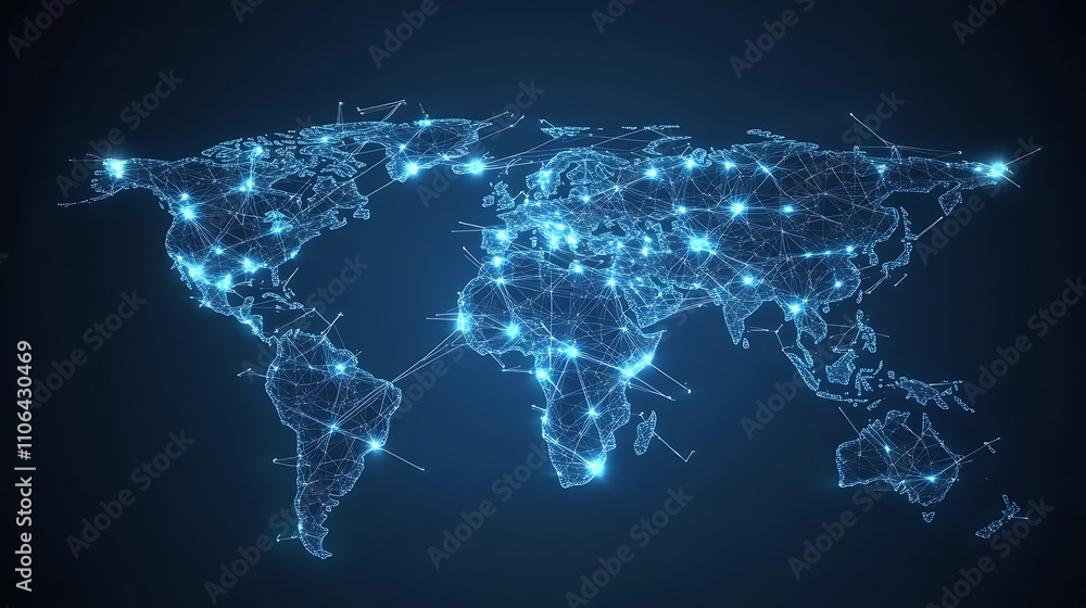 Aufkleber Global digital network connections Futuristic world map visualization Concept of global communication