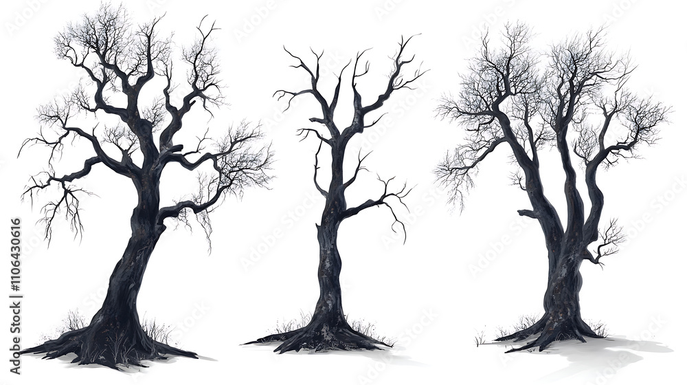 Poster set of big trees dead and burned assets pack, white plain background