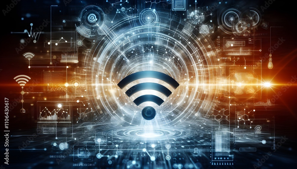 Poster a digital representation of a wi-fi symbol with a futuristic background: 