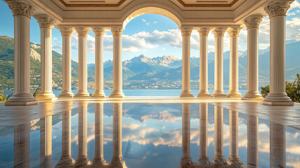 Fototapeta premium Beautiful antique white pillars made of stone reflecting on the shiny floor, mountains in the background. vintage architecture.