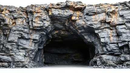 Black stone rock cave tunnel isolated on white background. nature geology formation, underground adventure, limestone attraction.