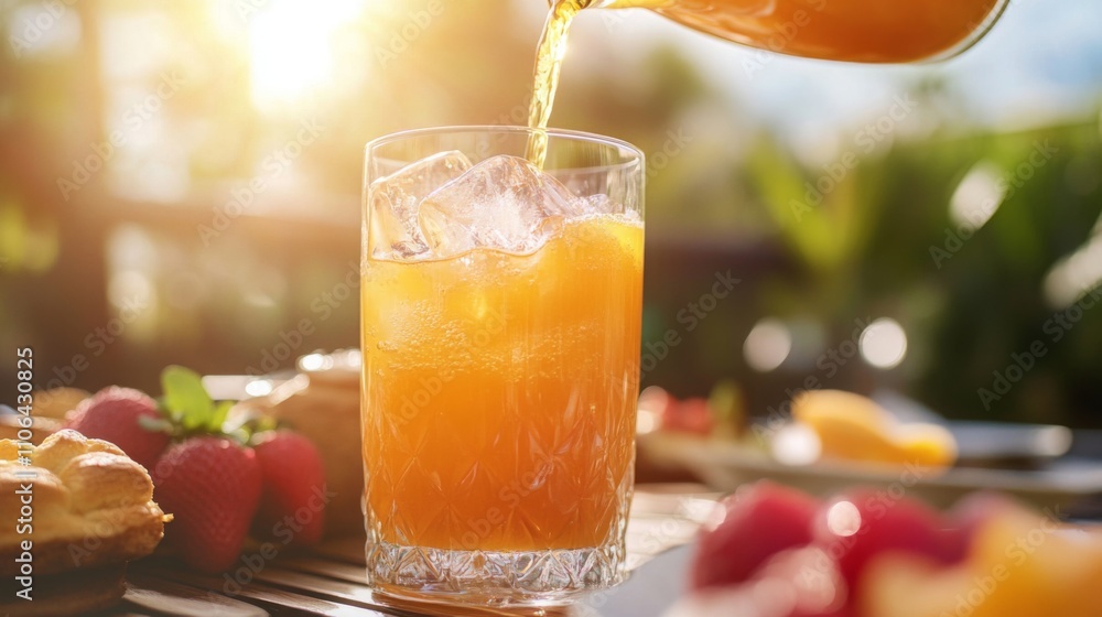 Aufkleber Freshly squeezed juice is being poured into a glass filled with ice on a sunny day. The setting features vibrant fruits and a natural backdrop, creating a refreshing and inviting atmosphere.