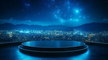 Empty stage platform with blue night cityscape and starry sky background.