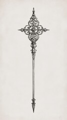 Majestic Hand-Drawn Scepter with Neoclassic Elegance on Aged White Paper