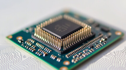 Closeup of computer microchip processor or cpu component part isolated on white background. electronic circuit motherboard technology hardware device, pc, industry, core.