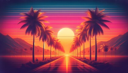Vibrant Sunset with Palm Trees Silhouetted Against a Colorful Sky


