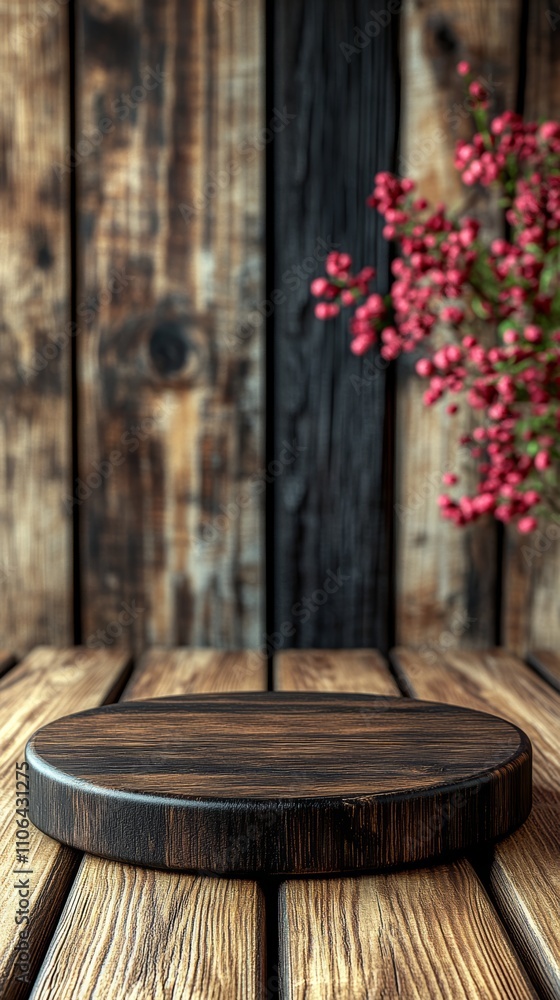 Poster empty wooden table top with rustic wooden background and red berries in the corner.