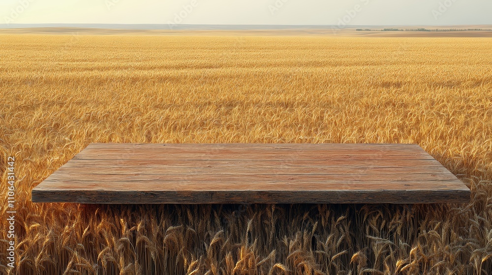 Poster empty wooden table top with wheat field background for product placement.